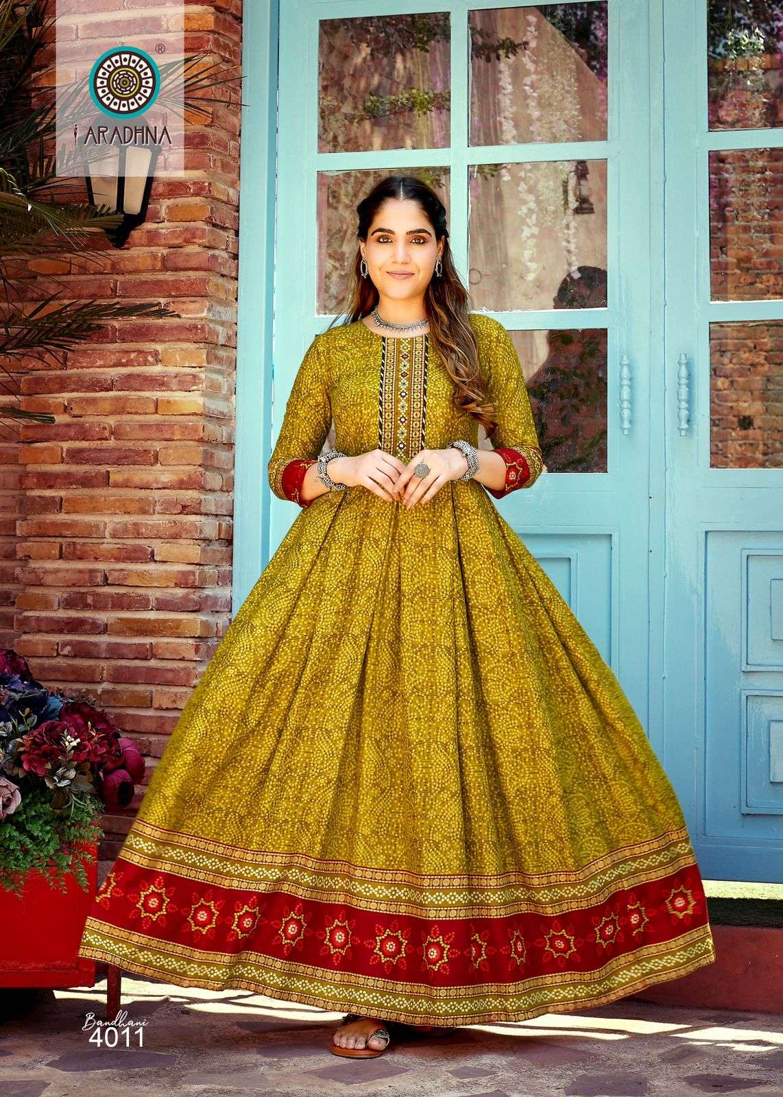 BANDHANI VOL 4 RAYON BANDHANI PRINT EMBROIDERY WORK LIVA TAG LONG GOWN KURTI BY ARADHNA BRAND 4011